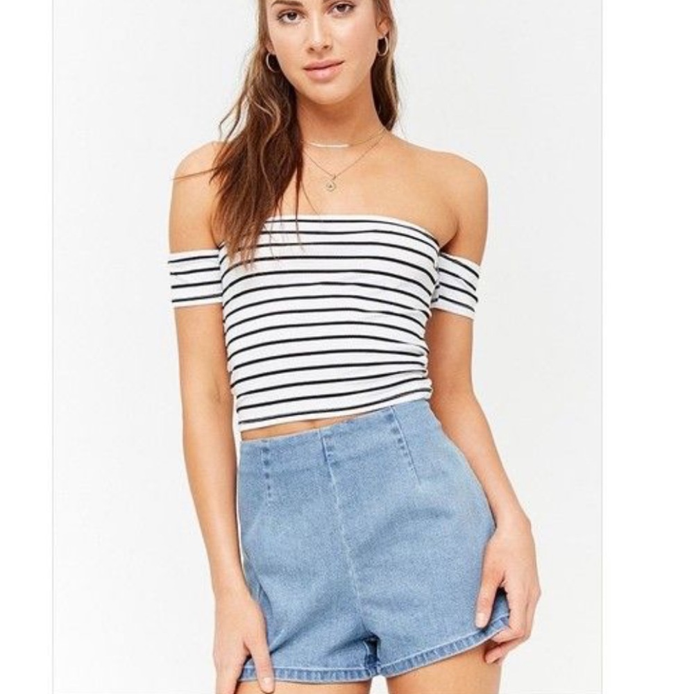 White and back striped off the shoulder top